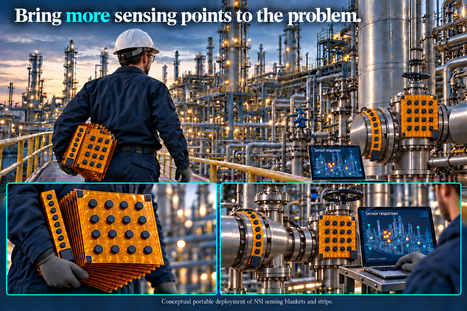 Conceptual portable deployment: a technician carries a stack of compact amber Kapton sensing blankets into a large industrial facility, with a laptop showing spatial sensor responses. Close-ups show a 4 by 4 blanket matrix, carried strips and removable attachment near valves and flange joints.