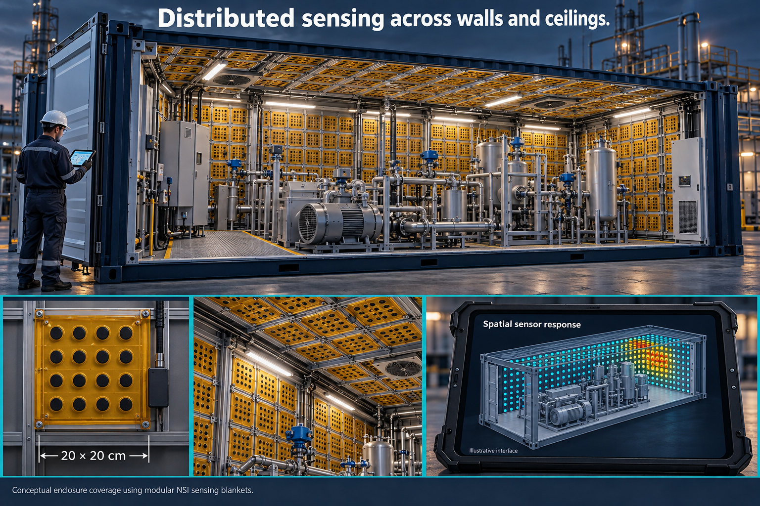 Conceptual enclosure coverage: a cutaway industrial container with modular amber Kapton sensing blankets across interior walls and ceiling. A close-up shows a 20 by 20 centimetre module with a 4 by 4 sensor matrix; an illustrative display maps responses at sensing locations.